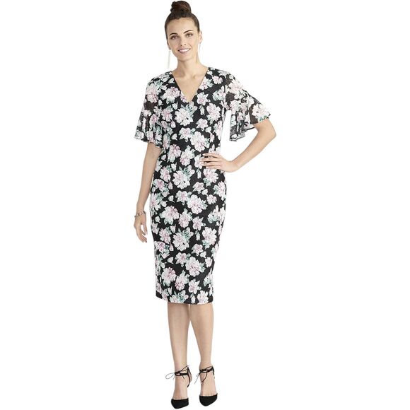 Rachel‎ Roy Plus Size 20W Dress Midi Ruffle Bell Sleeve Floral Black Pink 383 - Picture 11 of 12